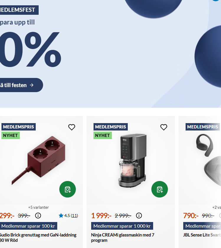 An ecommerce storefront with product cards and Swedish member offers